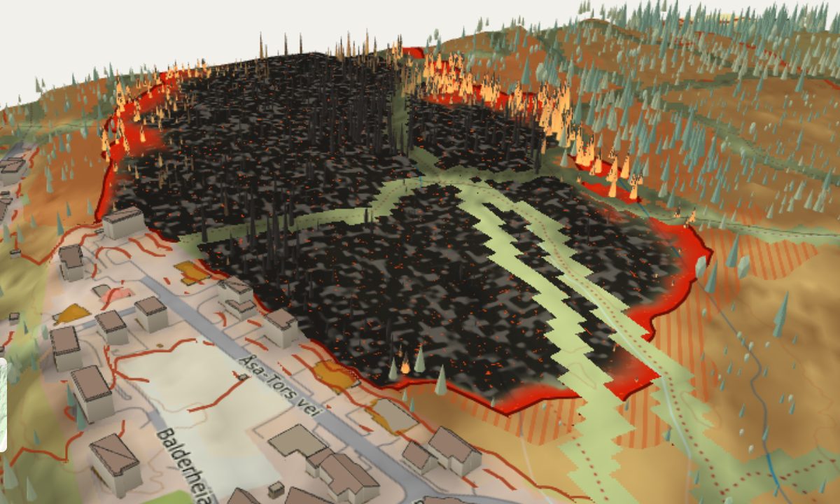 3D map where a wildfire has scorched a hillside black