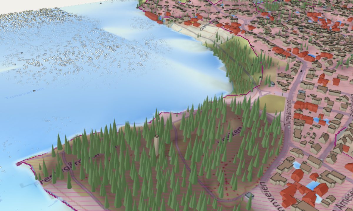 3D map with water running through a residential area